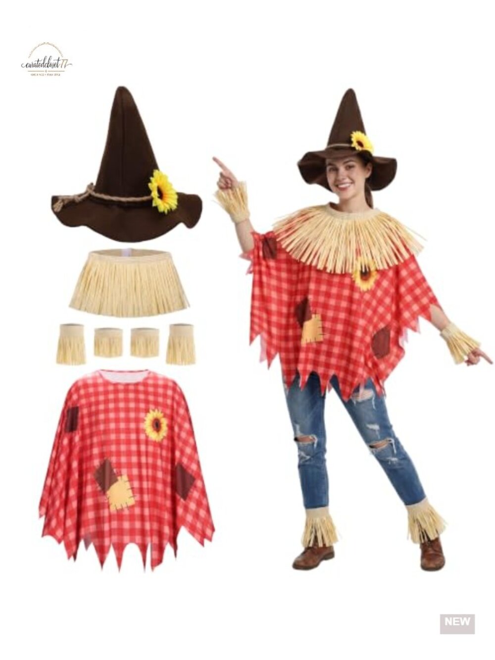 Scarecrow Costume Set Milk Silk Poncho Felt Hat Raffia Halloween